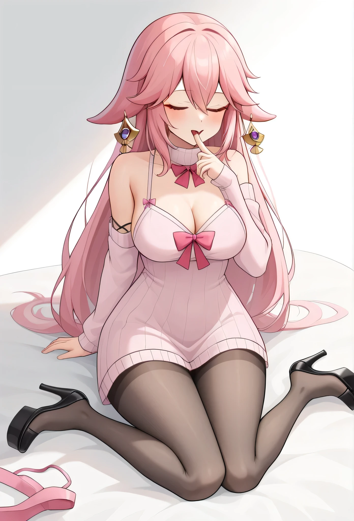 score_9,score_8_most,score_7_most,Bachong, alone, finger_To_Mouth closed, Pink_chemise, Pink_theme, Schmucklos_backdrop, 1 girl, long_sleeve, open_Mouth closed, pleated_rocks, breasts, seek_at_Toschauer, Pink_sweater, White_backdrop, White_chemise, Pink_Ribbon, sleeve_Past_wrists, highres, absurdeste, sleeveless_sweater, hole body, black nylon stockings, platform High heels