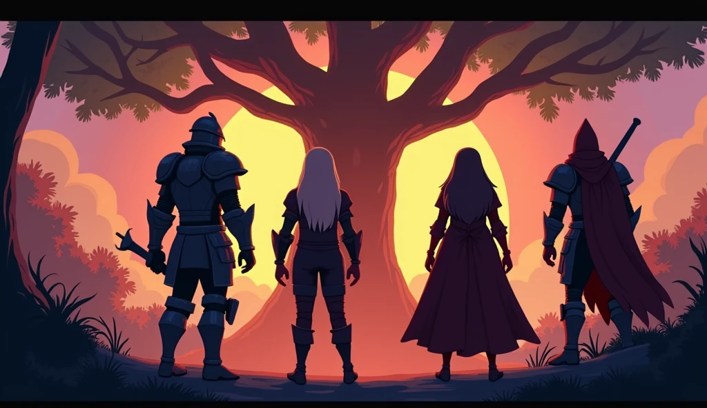 Output prompt:

"action movie shot, four heroes from the back, knight, mage, healer, assassin, cartoonish style, no face details, large tree in the background, dynamic poses, intense atmosphere, vibrant colors, dramatic lighting, [heroic silhouettes], [adventurous setting], [epic backdrop], [action-packed scene], [strong composition]"