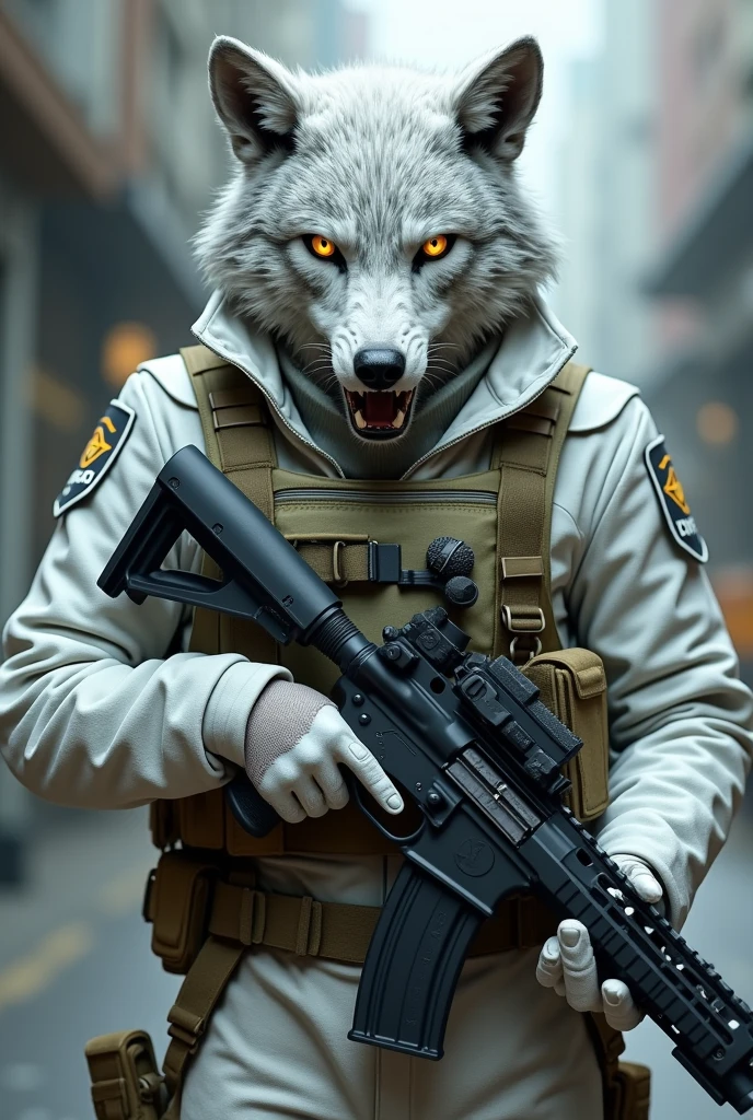 I would like a special forces tactical police officer.
With Uniform , white camouflage .
But with a wolf face.
With an mp5 submachine gun,
tactic vest.
hull