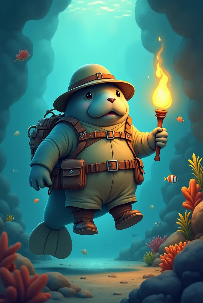 A 2D manatee in an explorer&#39;s outfit with a torch in his hand 