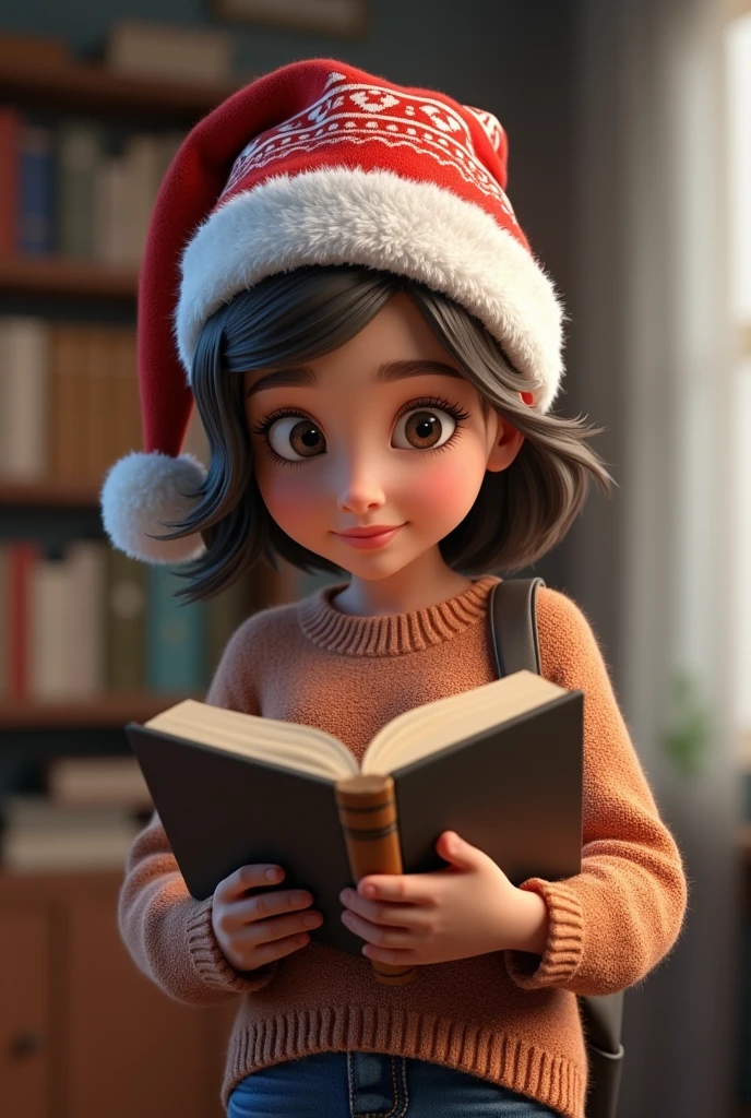 A student girl with a book and a Christmas hat, and 3d