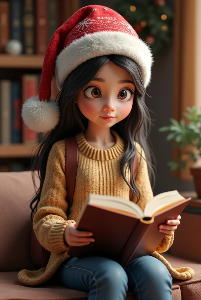 A student girl with a book and a Christmas hat, and 3d
