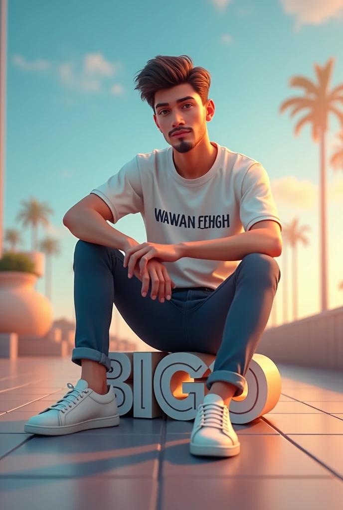 A handsome boy with a stubble of hair is sitting on the Bigo application logo., casually on top of the logo, the character must wear a white shirt named wawan fhgh, and the background uses his own bigo application profile named wawan fhgh, and the profile picture must be 3D