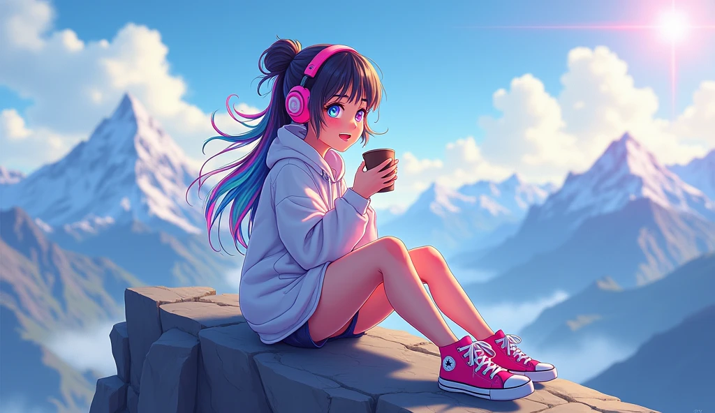 An e-girl with tied-up colorful hair and rainbow-like eyes, listening to calm music on headphones, with a sexy smile, holding a cup of coffee, wearing allstar, at the top of a mountain. An image that inspires calm, tranquility, lightness, simplicity, and comfort, 16:9, full hd, cartoon