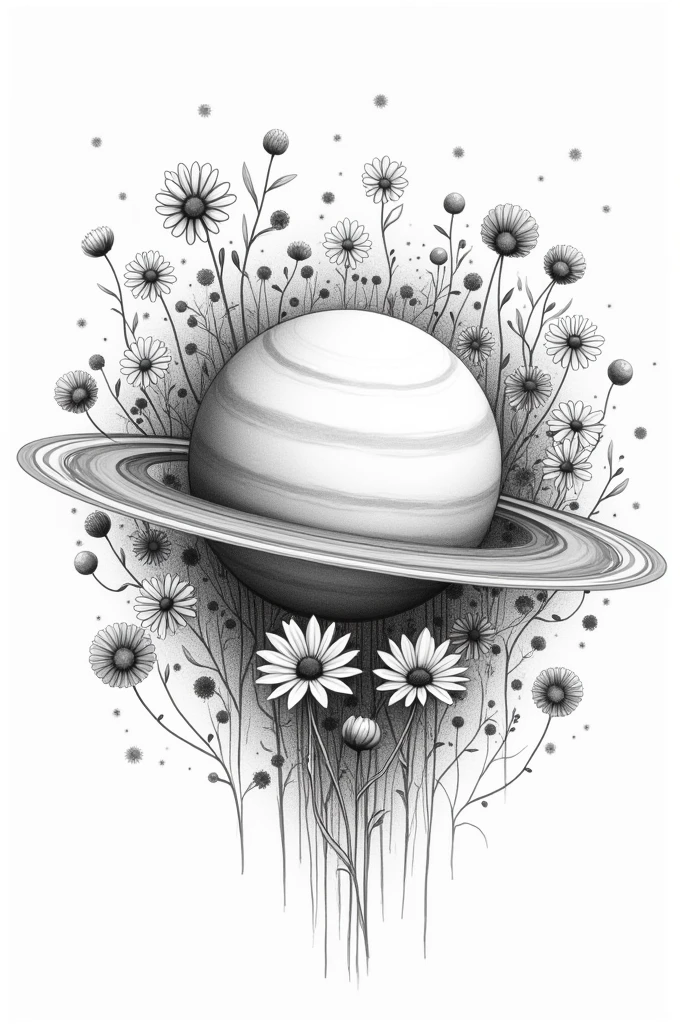 Planet Saturn with flowers around it in black and white sketch style