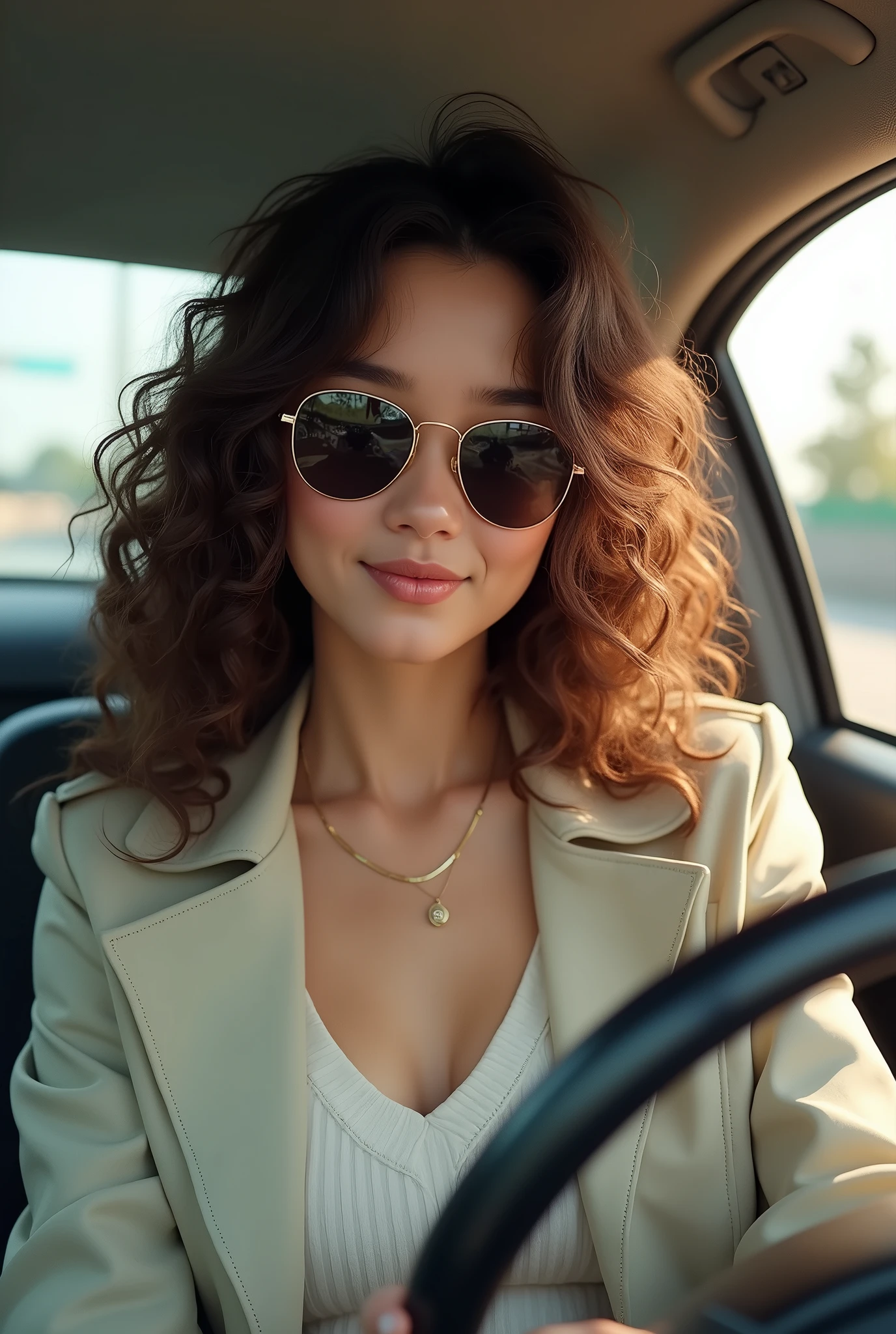 Créez une image réaliste de la même jeune femme assise dans une voiture, avec ses cheveux bruns frisés tombant en boucles autour de son visage. Elle porte une paire de lunettes de soleil élégantes qui couvrent partiellement ses yeux, ajoutant une touche de style à son look. Son visage est détendu, avec un léger sourire naturel. Elle est habillée avec une veste légère, de couleur claire ou pastel, qui contraste avec ses cheveux foncés, portée par-dessus un haut simple et décontracté. Sa posture est décontractée, peut-être une main posée sur le volant ou sur le bord de la fenêtre ouverte, laissant entrer un peu de lumière naturelle. L'intérieur de la voiture est moderne et bien éclairé, et à l'extérieur, on peut apercevoir un paysage urbain ou naturel flou à travers les vitres. La lumière du jour illumine son visage et ses cheveux, créant une atmosphère dynamique et contemporaine.