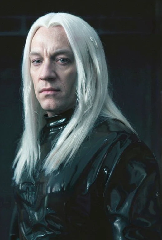 Lucius Malfoy, skintight latex costume, glossy black latex bodysuit,rubber mature man,