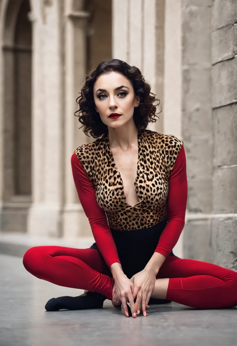 A woman dressed in red sitting on the ground in a leopard leopard leopard leopard leopard leopard leopard leopard leopard leopard leopard leopard leopard leopard leopard leopard leopard, doing splits and stretches, inspired by Elizabeth Polunin, shot in the leg and hip, contorted, athlete photography, ballet style pose, Symmetrical pose, alexa grace, long and wide shot, contemporary dance poses
