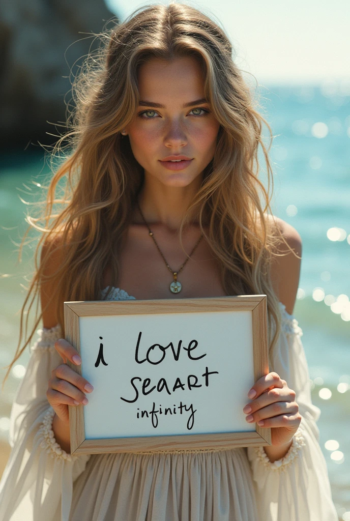 Beautiful girl with wavy long hair, bohemian dress, holding a white board with text "I Love Seaart Infinity" and showing it to the viewer