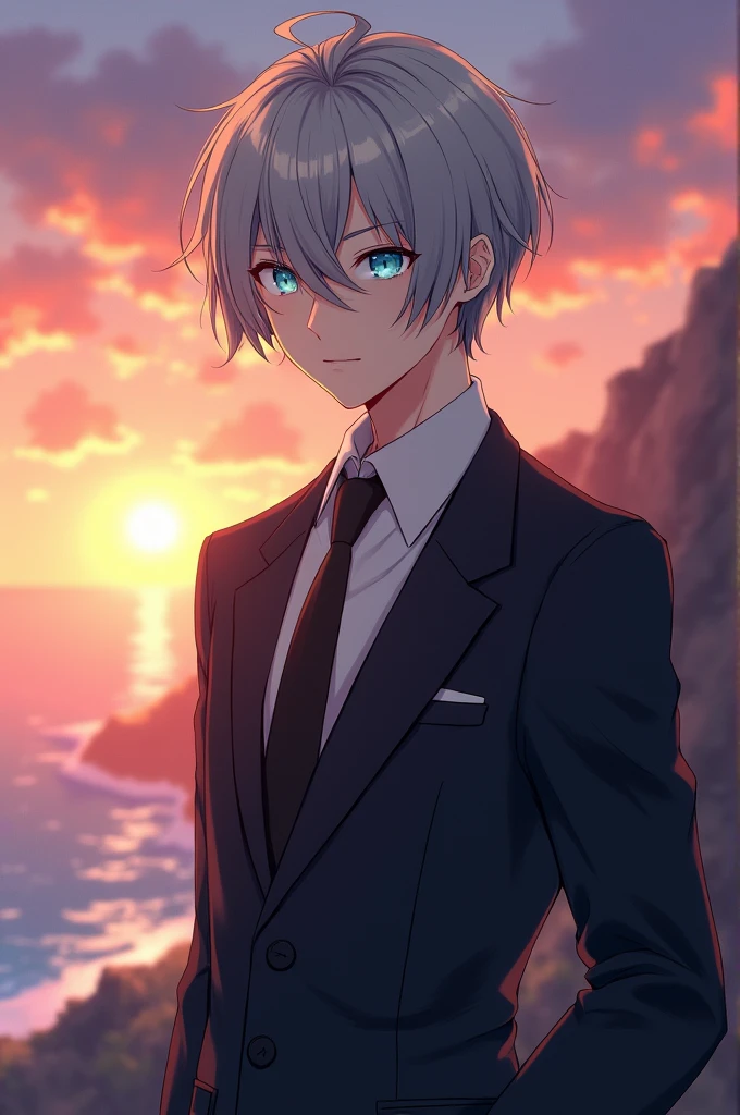 Well look, I just want a very very realistic anime character with a suit that can be seen from the waist up, The background should be standing in front of a cliff and the sea in the background while it is sunset, Its characteristics are, dull silver hair color, His eyes are a very dull crystal blue and his gaze is serious., your hair should not be so long, I want part of my hair combed back