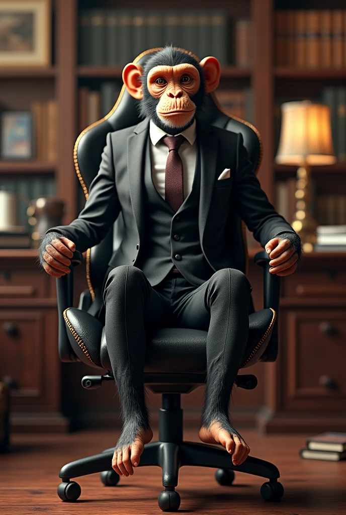 The monkey in a suit on top of a gaming chair in the background of a room like the briefcase