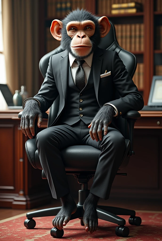 The monkey in a suit on top of a gaming chair in the background of a room like the briefcase 