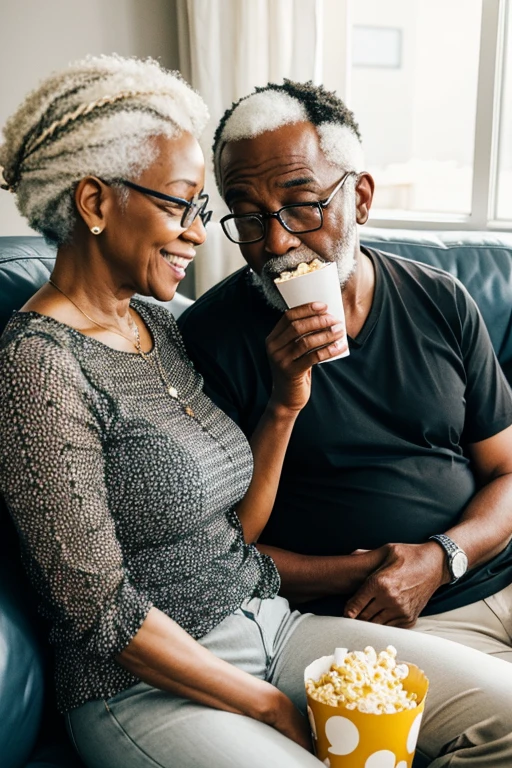 Elderly black couple sitting on couch eating popcorn 