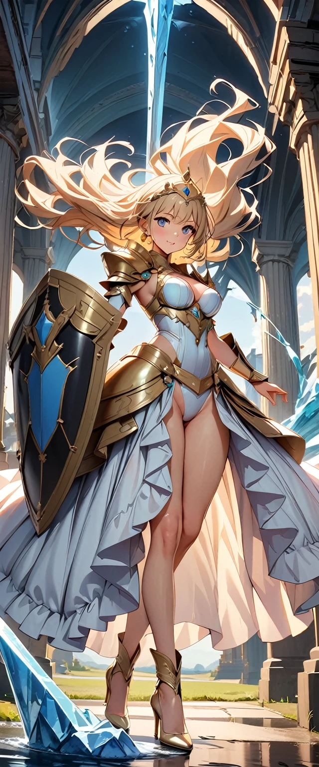 (Perfect Anatomy)、Mastepiece、Ultra High Quality、 8k、masterpiece、Highest quality、Ultra-high resolution、Maximum resolution、Very detailed、Professional Lighting、anime、woman、thin、so beautiful、Highly detailed eye、Highly detailed face、Blue and white armor, , Golden decorated luxury tiara,Golden earrings,Frilly Armor,Light blue hair, blue eyes,White underwear、Gloss Lip、Pink Lips、grassland, full body, dynamic angle, dynamic pose, Heroic pose, pillars of ice, (((long sword))), (((shield))), Defending with water magic, goddess armor, high heels, floating hair, Detailed armor patterns, Random Pause、Beautiful attention to detail