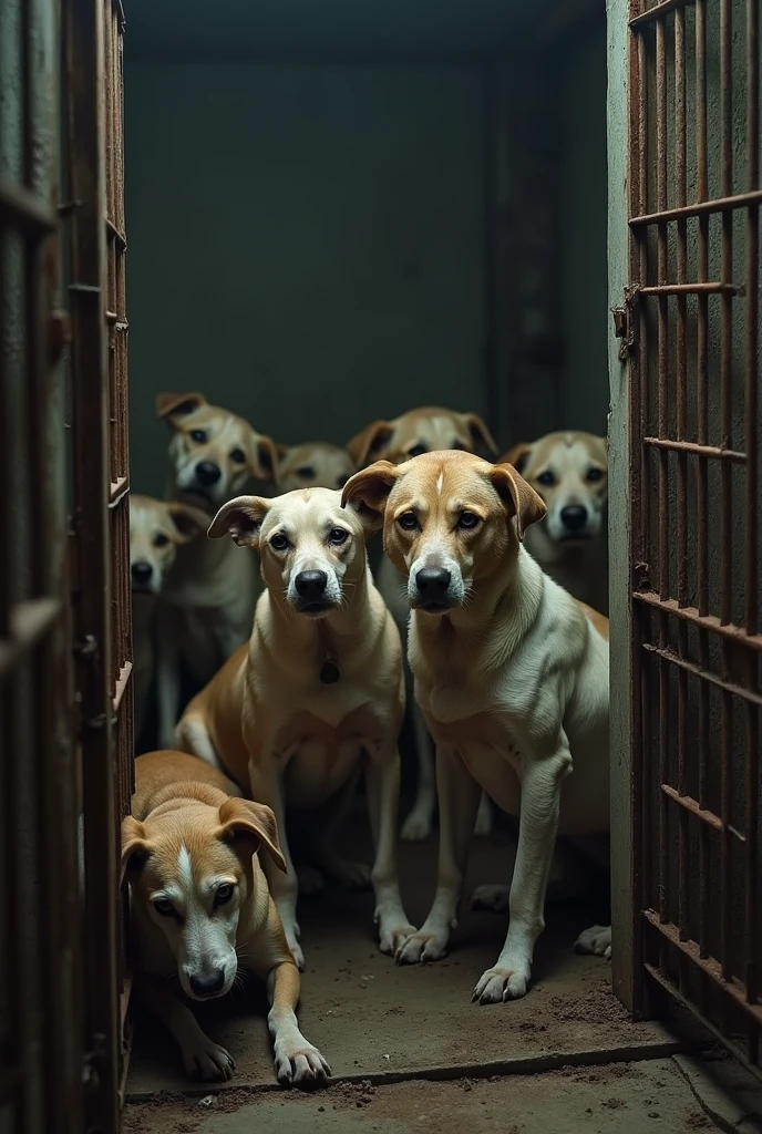 Generate an image of some dogs locked up and being mistreated