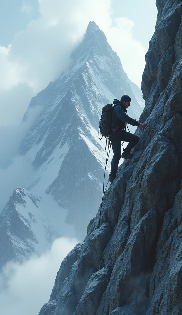 A person climbing a steep mountain with a determined expression, despite harsh weather conditions. The mountain is rugged and challenging, but the climber is making steady progress."