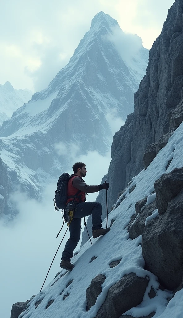 A person climbing a steep mountain with a determined expression, despite harsh weather conditions. The mountain is rugged and challenging, but the climber is making steady progress."