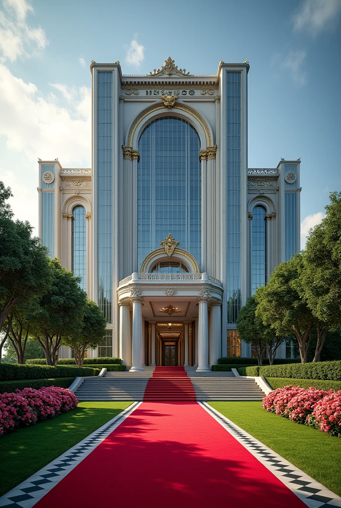 A luxurious, presidential standard company headquarters with the name NEXUS(CEO) on it and red carpet on entrance with Singaporean architecture,grass, flowers and on it's own space and compound where is the name NEXUS (CEO) can't see the words