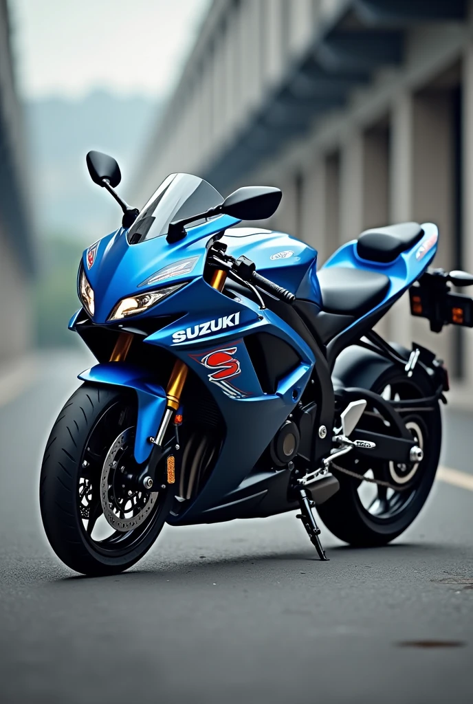 A blue and grey Suzuki GSX R 150 with black rims