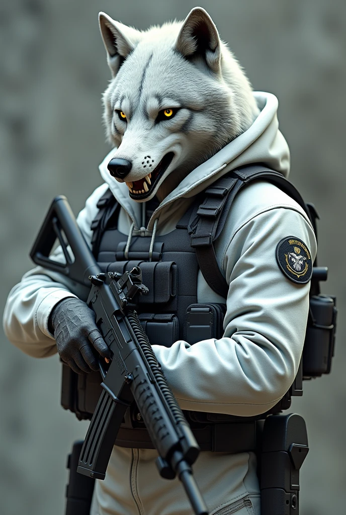I would like a special forces tactical police officer.
With Uniform , white camouflage . 
But with a wolf face. 
With an mp5 submachine gun,
 tactic vest. 
 hull 


