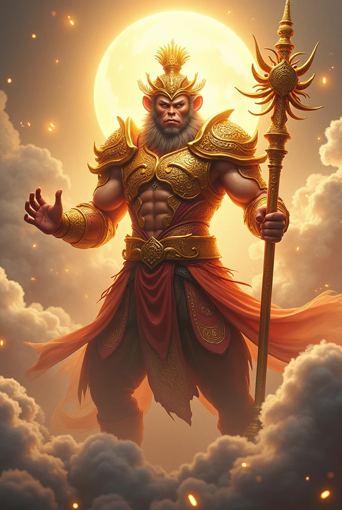 Good quality, 8k, Sun Wukong, the monkey king, in divine armor, with a divine stick in his hands