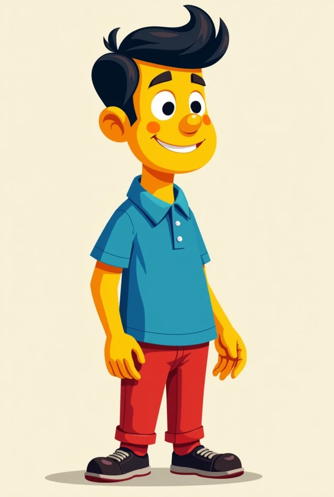 A HUMAN WITH YELLOW SKIN AND A BLUE SHIRT AND RED PANTS cartoon version