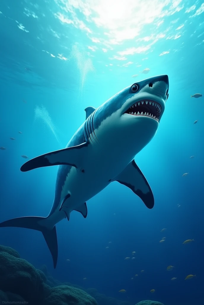 Image of a shark with sea for a family restaurant with the name of this one called Don.Tiburon