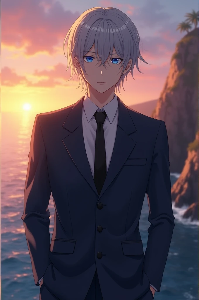 Well look, I just want a very very realistic anime character with a suit that can be seen from the waist up, The background should be standing in front of a cliff and the sea in the background while it is sunset, Its characteristics are, dull silver hair color, His eyes are a very dull crystal blue and his gaze is serious., your hair should not be so long, I want part of my hair combed back, that he looks serious and that he is mature, about 2 