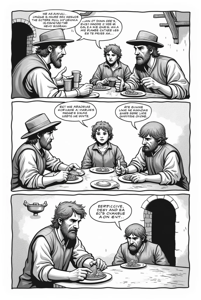 Comic strip Lazarillo de Tormes where the squire and Lazarillo eat at the squire's house and there is dialogue only when the squire and Lazarillo appear