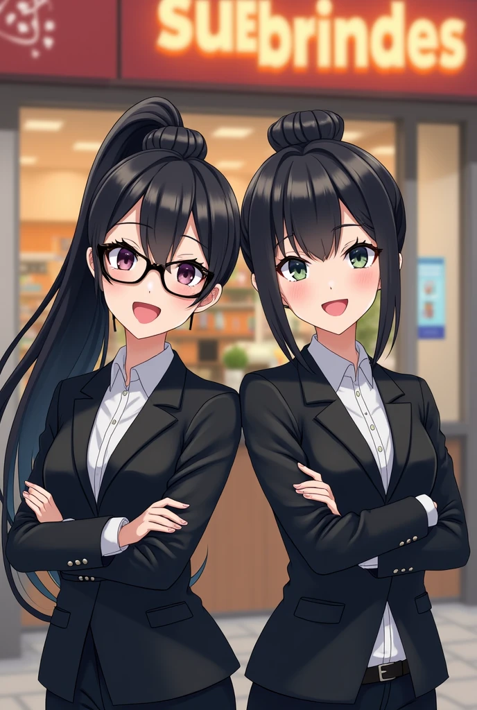 two girls dressed in black blazers. one with long black hair tied up wearing black framed glasses and happy with crossed arms. the other girl with black hair in a bun, happy and with arms on her waist. both in front of the SUB-BRINDES store