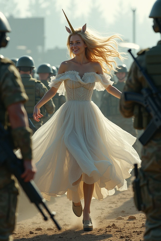 Une femme licorne qui danse joyeusement au milieu de militaire. Réaliste