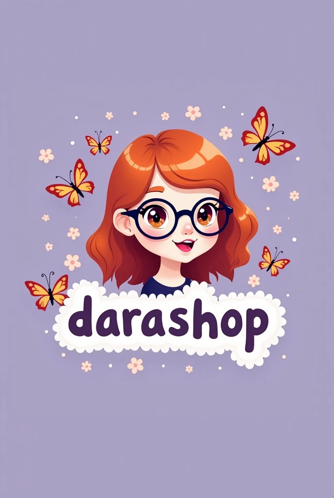 logo in 2d,  of a white girl with copper hair wearing glasses and saying DaraShop with butterflies in the purple letters