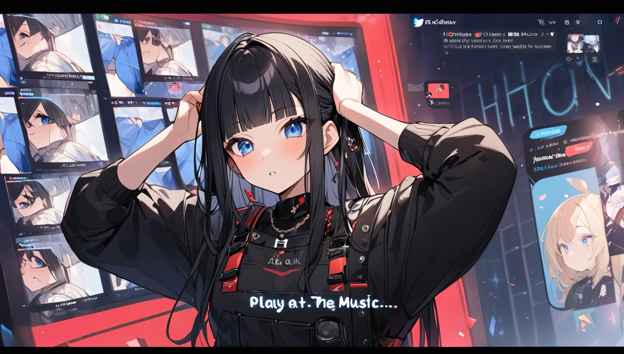 I play at music habs、iDOL、Japanese sword、rifle、Tying up hair、gun、Virtual Character Design,Black Hair、blunt bangs、Straight Hair, face, Modern design, 1 female,Sexy concept, 
A Vtuber livestream scene featuring a Japanese Vtuber with long black hair and blue eyes, wearing a black outfit with some red accents and multiple accessories. The Vtuber has a serious yet slightly playful expression and is adjusting her hair with both hands. The screen shows the Vtuber on the right side, with a lively chat box on the left side, where messages in English and Japanese are visible. The top left corner has the Vtuber’s Twitter handle and hashtag, while the top right displays the current time as 21:53. The overall style is modern and clean, capturing the essence of a real-time Vtuber interaction with a large audience.