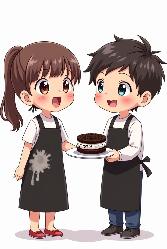 Boy with black apron with oreo cream and a girl with black apron holding a plate with oreo sandwich anime chibi White background 