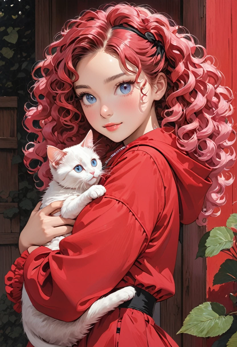 A young -skinned woman with curly hair, black and with eyes in a red outfit holding a cat in her arms, pink hair