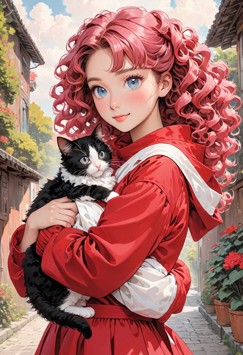 A young -skinned woman with curly hair, black and with eyes in a red outfit holding a cat in her arms, pink hair