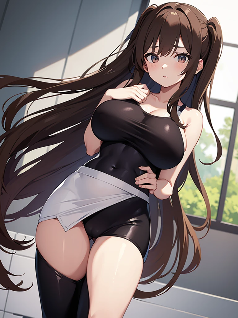 Nino:long brown hair,she has big breasts she is wearing tight wet white panties and a tight wet black bra tight gym pants,she is standing,Anime 8k
