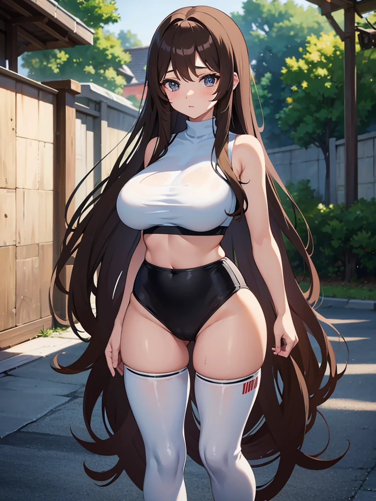 Nino:long brown hair,she has big breasts she is wearing tight wet white panties and a tight wet black bra tight gym pants,she is standing,Anime 8k
