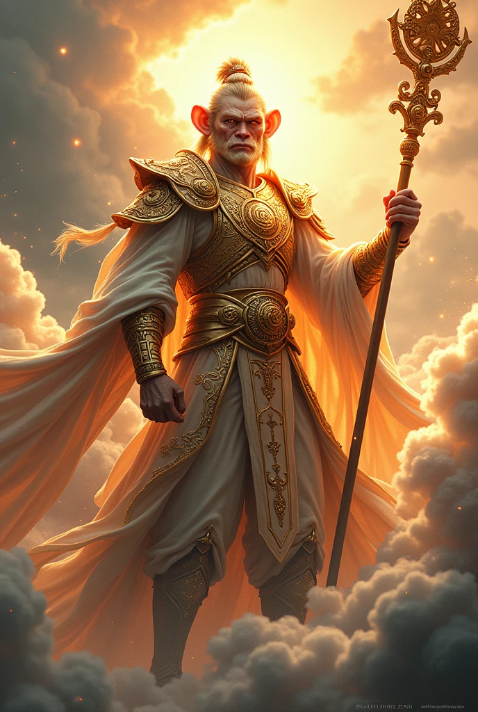 Good quality, 8k, Sun Wukong, the monkey king, in divine armor, with a divine stick in his hands