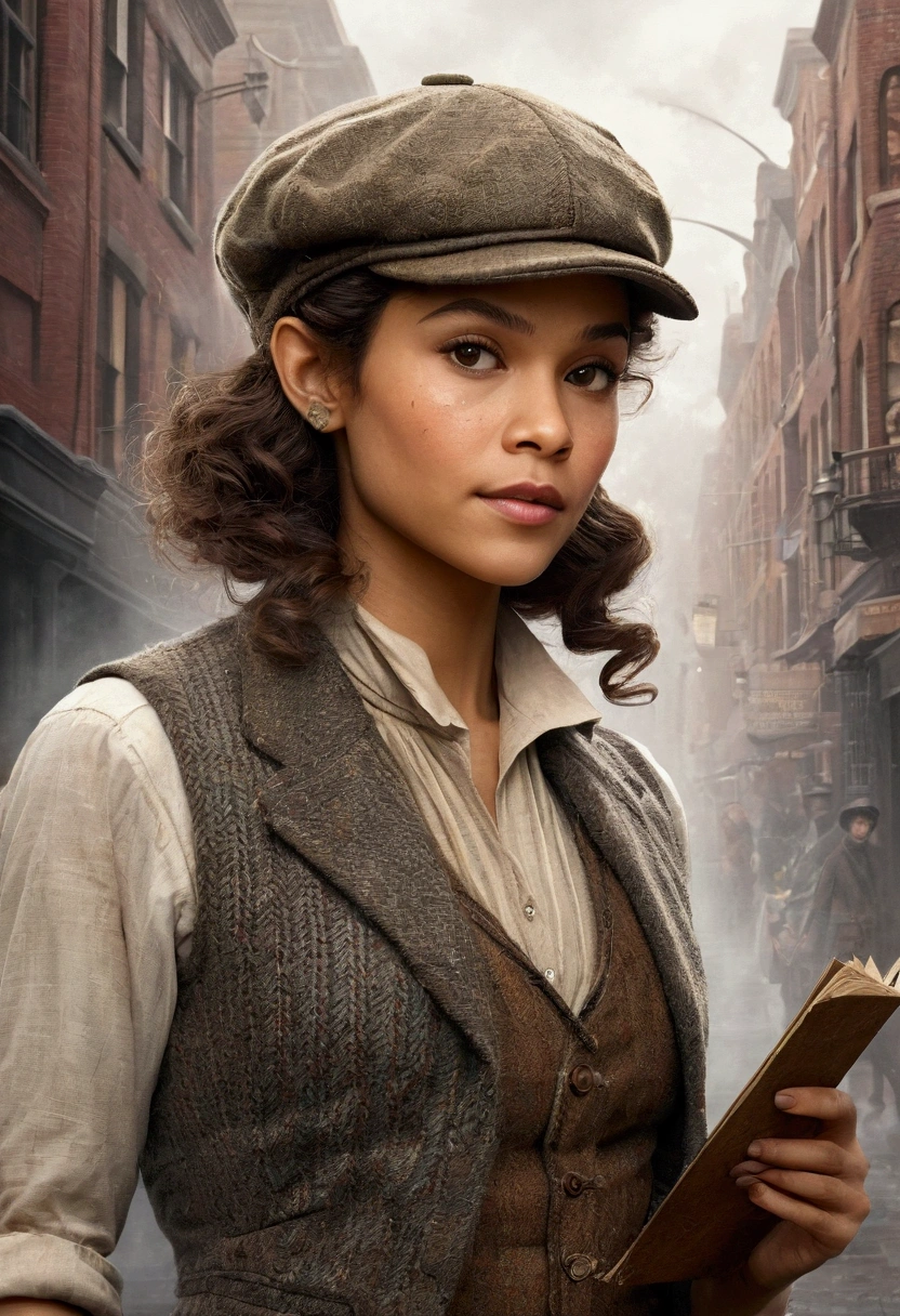 An illustrated movie poster, hand-drawn, full color, an elven maiden, wearing a tweed vest and a newsie cap, athletic hourglass figure, long pointy elf ears, dark hair, curly bob cut, warm almond skintone, freckles, resembles Zendaya, standing on a foggy victorian-era street corner, graphite shading, stencil marks, airbrushed acrylic paint, masterpiece, in the style of the Sherlock Holmes, elf ears