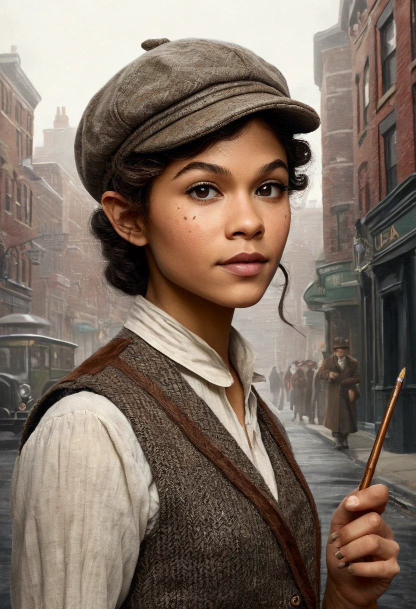 An illustrated movie poster, hand-drawn, full color, an elven maiden, wearing a tweed vest and a newsie cap, athletic hourglass figure, long pointy elf ears, dark hair, curly bob cut, warm almond skintone, freckles, resembles Zendaya, standing on a foggy victorian-era street corner, graphite shading, stencil marks, airbrushed acrylic paint, masterpiece, in the style of the Sherlock Holmes, elf ears