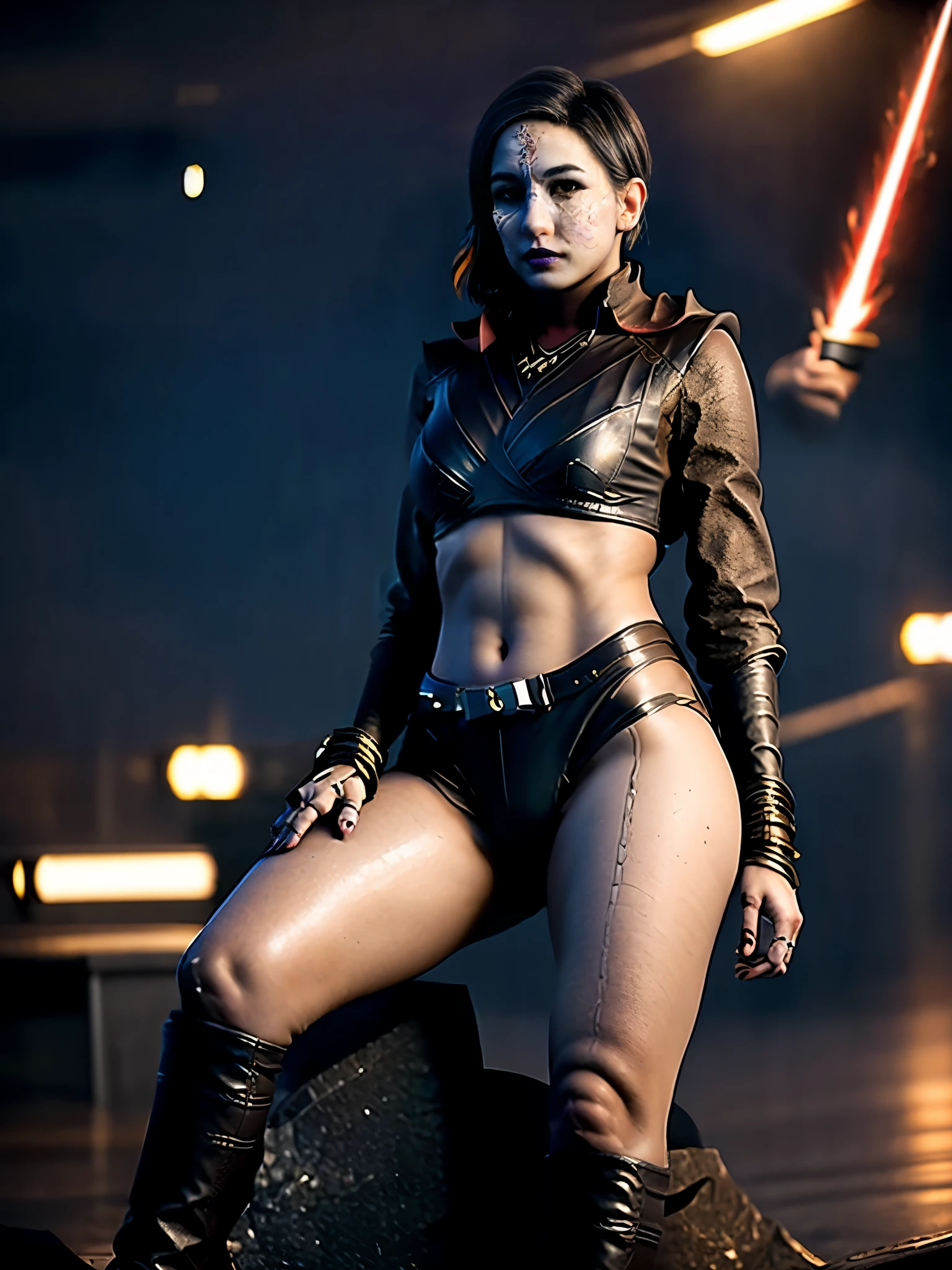 Masterpiece, Amazon woman, wearing a tan loincloth, dark skin, long hair, holding a knife, in a burning spaceship, realistic