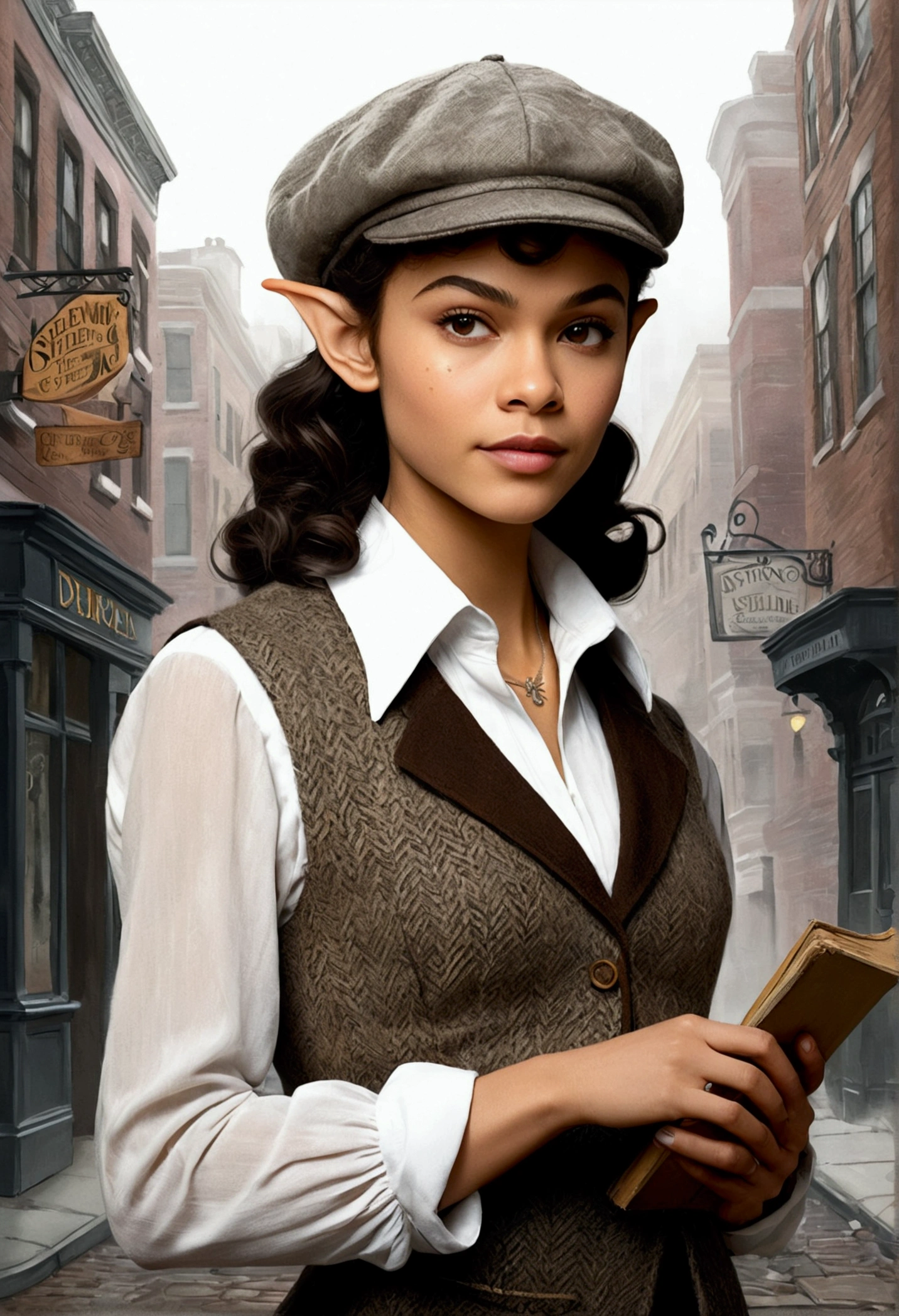 An illustrated movie poster, hand-drawn, full color, an elven maiden, wearing a tweed vest and a newsie cap, athletic hourglass figure, long pointy elf ears, dark hair, curly bob cut, warm almond skintone, freckles, resembles Zendaya, standing on a foggy victorian-era street corner, graphite shading, stencil marks, airbrushed acrylic paint, masterpiece, in the style of the Sherlock Holmes, elf ears