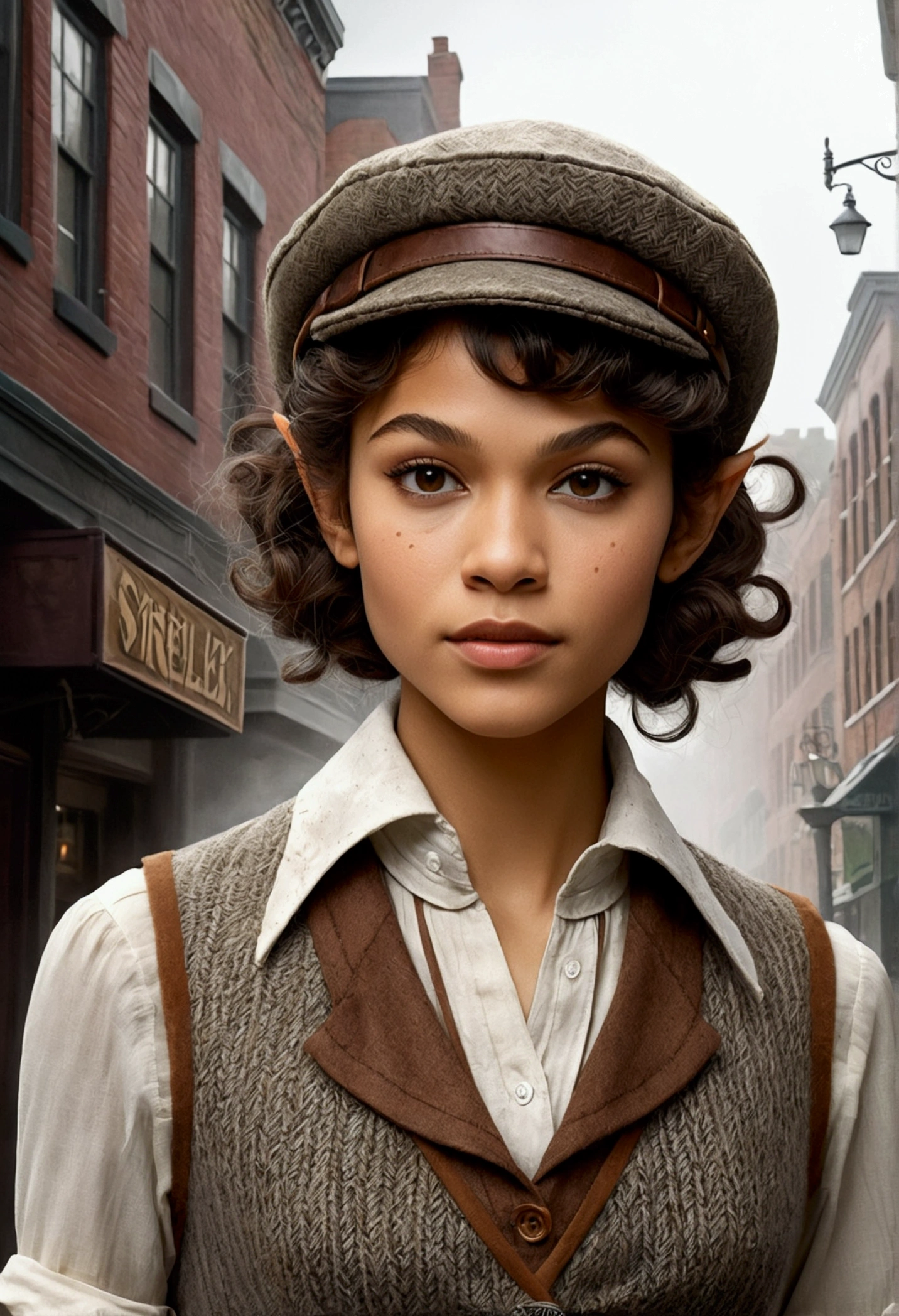 An illustrated movie poster, hand-drawn, full color, an elven maiden, wearing a tweed vest and a newsie cap, athletic hourglass figure, long pointy elf ears, dark hair, curly bob cut, warm almond skintone, freckles, resembles Zendaya, standing on a foggy victorian-era street corner, graphite shading, stencil marks, airbrushed acrylic paint, masterpiece, in the style of the Sherlock Holmes, elf ears