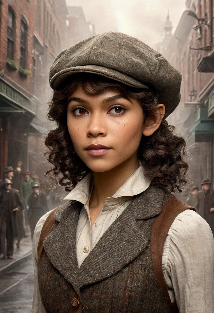 An illustrated movie poster, hand-drawn, full color, an elven maiden, wearing a tweed vest and a newsie cap, athletic hourglass figure, long pointy elf ears, dark hair, curly bob cut, warm almond skintone, freckles, resembles Zendaya, standing on a foggy victorian-era street corner, graphite shading, stencil marks, airbrushed acrylic paint, masterpiece, in the style of the Sherlock Holmes, elf ears
