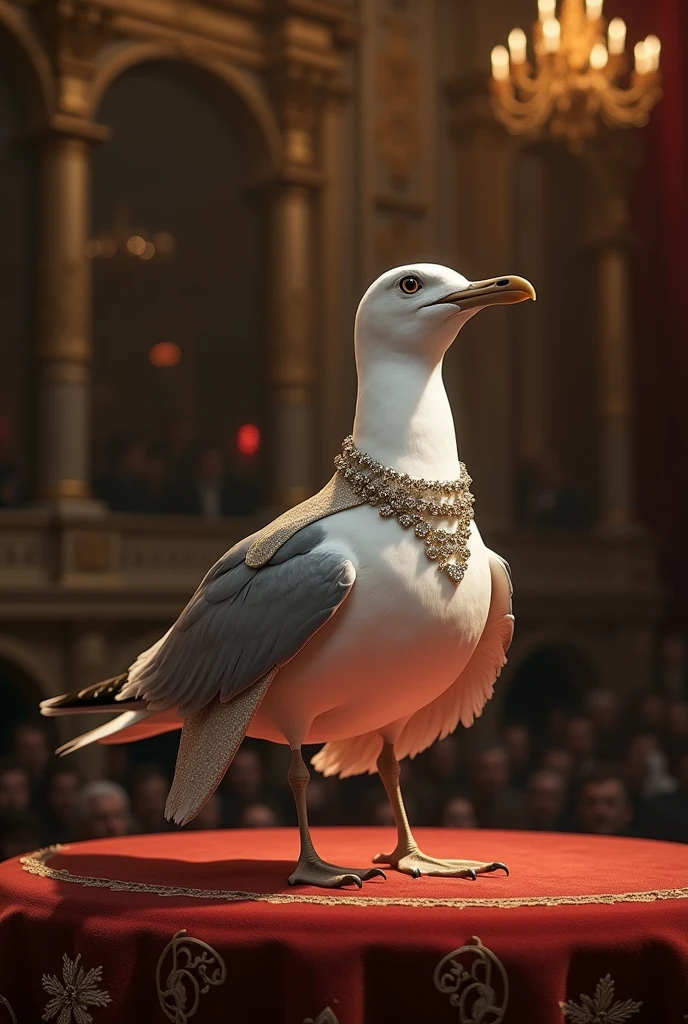 Seagull singing opera on stage