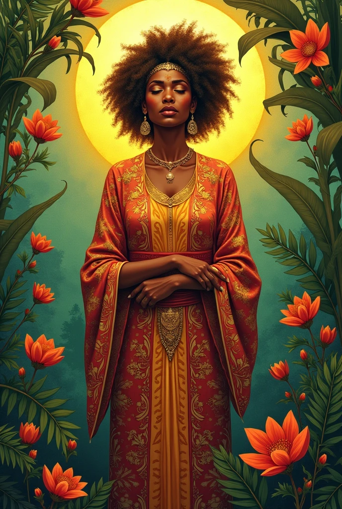 A full body portrait of a gorgeous black woman with flowers on her hair, tarot card, variscite, alphonse mucha, gustav klimt, anna dittmann, floral, art nouveau, illustration, hyperrealistic, line art, marker drawing, watercolor painting, african American woman