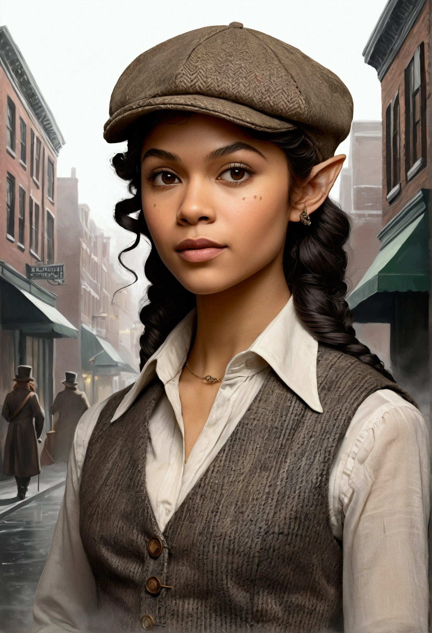 An illustrated movie poster, hand-drawn, full color, an elven maiden, wearing a tweed vest and a newsie cap, athletic hourglass figure, long pointy elf ears, dark hair, curly bob cut, warm almond skintone, freckles, resembles Zendaya, standing on a foggy victorian-era street corner, graphite shading, stencil marks, airbrushed acrylic paint, masterpiece, in the style of the Sherlock Holmes, elf ears