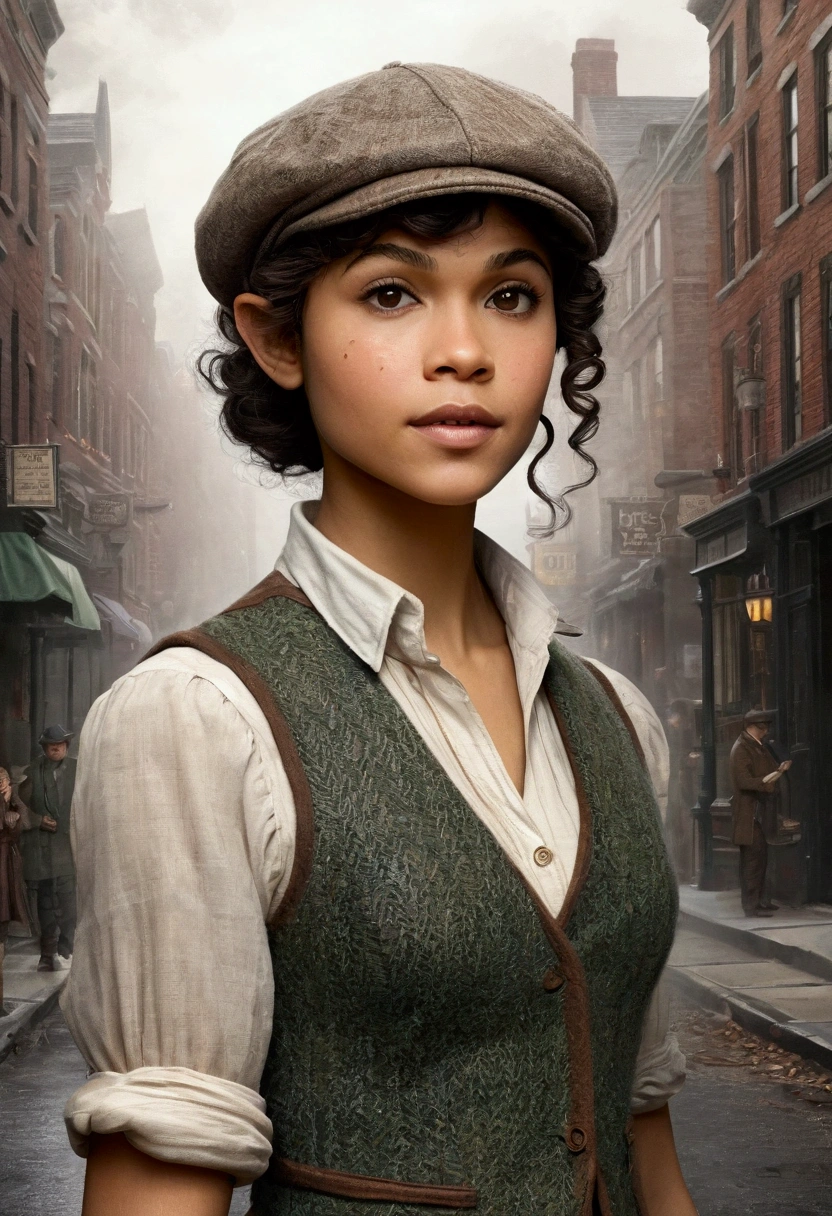 An illustrated movie poster, hand-drawn, full color, an elven maiden, wearing a tweed vest and a newsie cap, athletic hourglass figure, long pointy elf ears, dark hair, curly bob cut, warm almond skintone, freckles, resembles Zendaya, standing on a foggy victorian-era street corner, graphite shading, stencil marks, airbrushed acrylic paint, masterpiece, in the style of the Sherlock Holmes, elf ears