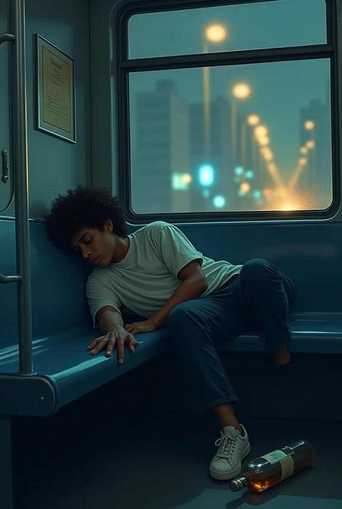 Album art of a age guy drunk in love, sleeping in a subway bus, with one hand falling out, and a bottle rolled on the floor, skin dark color, in 2d form